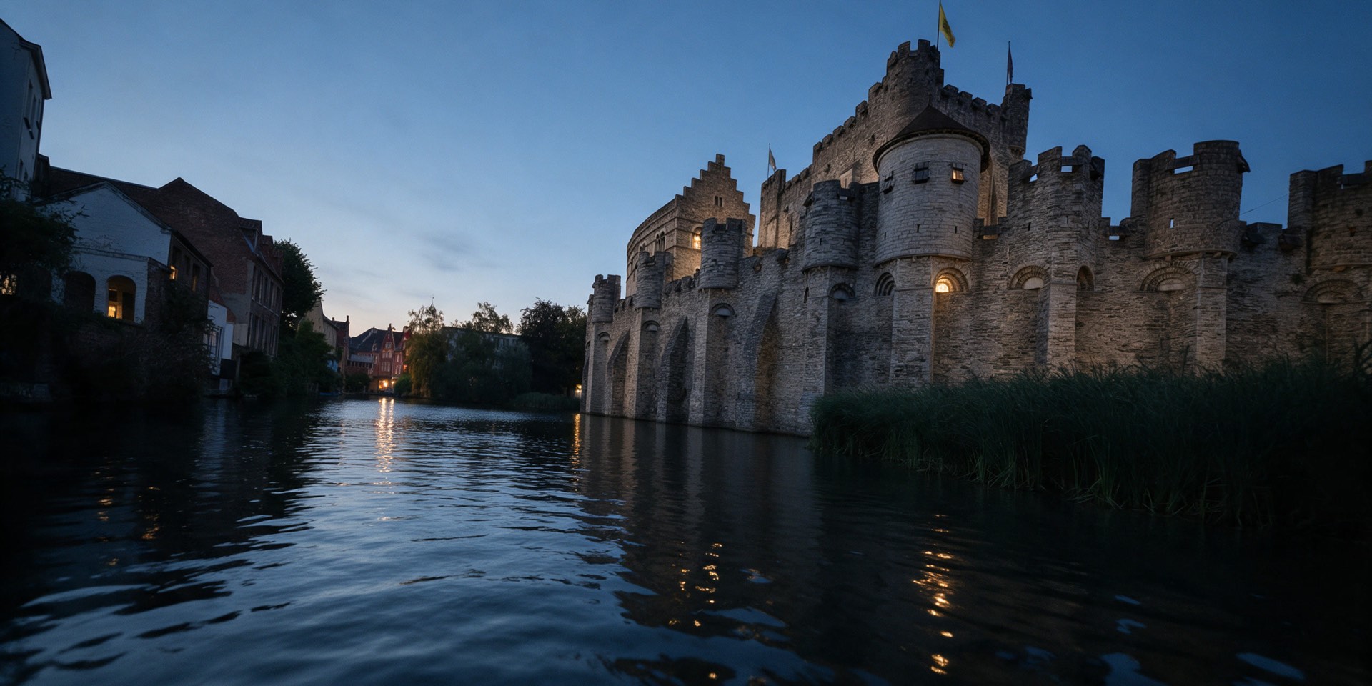 Het Gravensteen in Gent, gezien vanaf het water bij valavond
