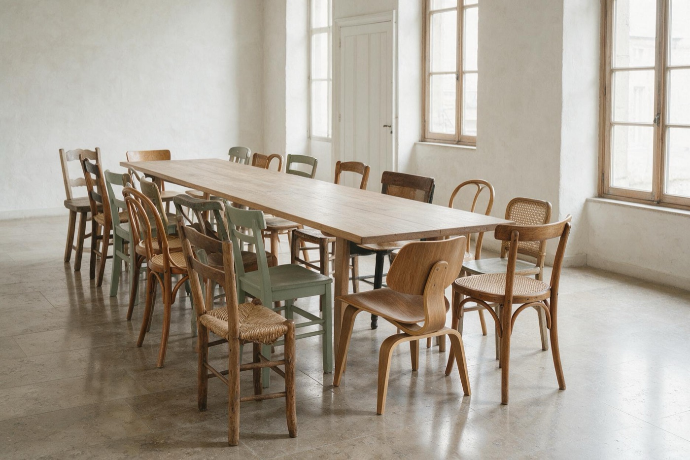 Eén lange tafel met allemaal verschillende stoelen eromheen