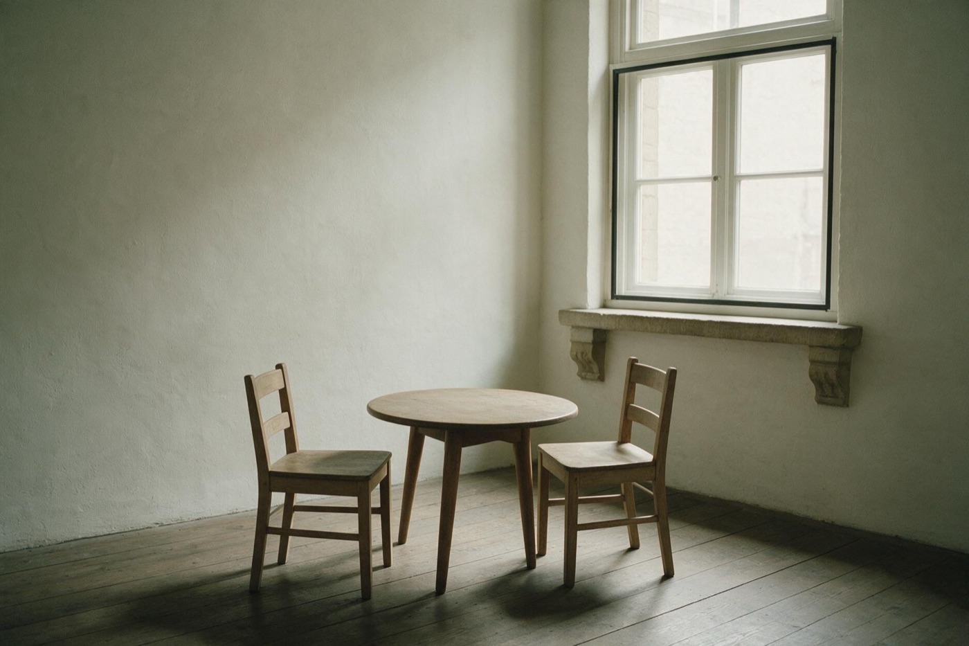 Twee stoelen aan één tafeltje bij het raam